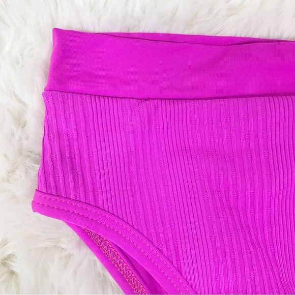 L*SPACE Frenchi Bottom Bitsy Cut High Waist Bikini Ribbed Fuchsia Pink Large New - Picture 6 of 10